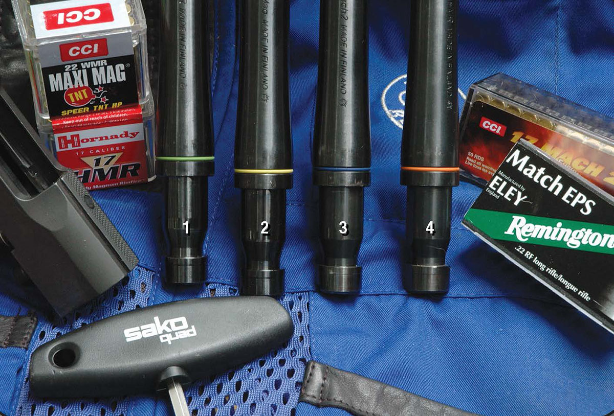 The Sako Quad comes with a barrel chambered for one cartridge, and three others are available. The interchangeable barrels have color-coded bands:  (1) green for 22 LR, (2) yellow for 22 WMR, (3) blue for 17 Mach 2 and (4) orange for 17 HMR.